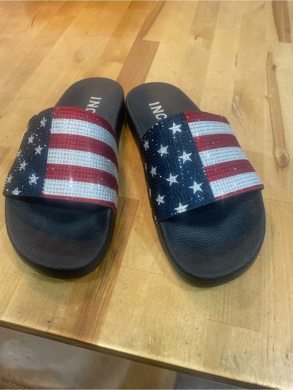 INC International Concepts Kids' Red Navy White Sequin Flag Slide Sandals